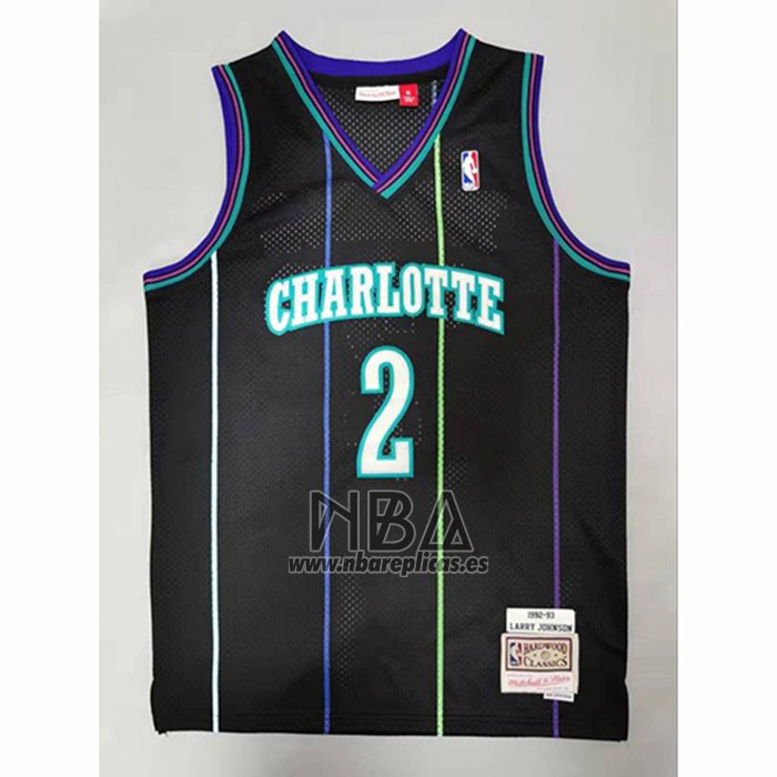 Camiseta Charlotte Hornets Larry Johnson NO 2 Mitchell & Ness 1992-93 Negro
